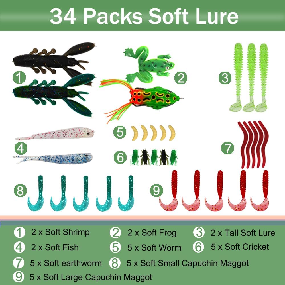 Fishing Lures Kit, Spoon Lures, Soft Plastic Worms, Frog Lures, Bait Tackle Kit for Bass, Trout, Salmon for Freshwater and Saltwater