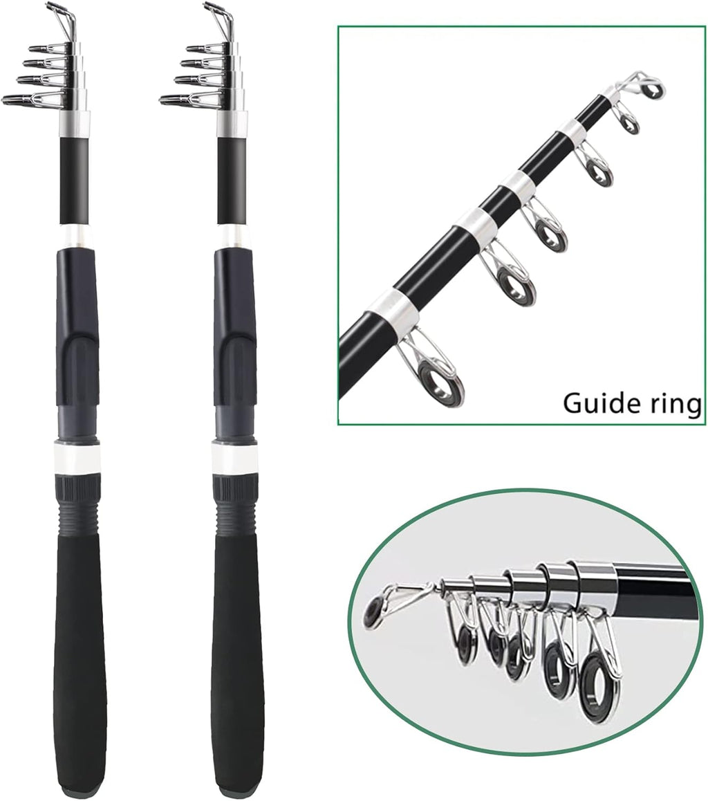 Fishing Pole Combo Set,2.1m/6.89ft 2PCS Collapsible Rods 2PCS Spinning Reels Lures Set Carrier Bag Carbon Fiber Telescopic Fishing Rods Sea Saltwater Freshwater Kit Fishing Rod Reel Combos