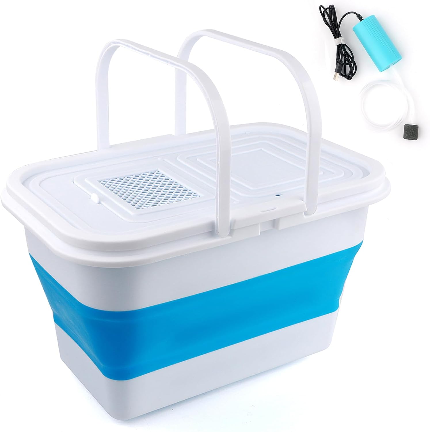 13L Fishing Bucket with Mini Oxygen Pump,Portable Folding Collapsible  Bucket Fish Live Container Box with Breathable Mesh Space Saving Outdoor Traveling Hiking Fishing