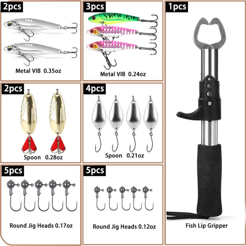 101 PCS Fishing Lure Kit with Fish Lip Gripper Fish Controller Hard and Soft Lures Hooks Jig Heads Weights and Accessories Complete Fishing Gear Set for Freshwater and Saltwater Ideal Gift for Men