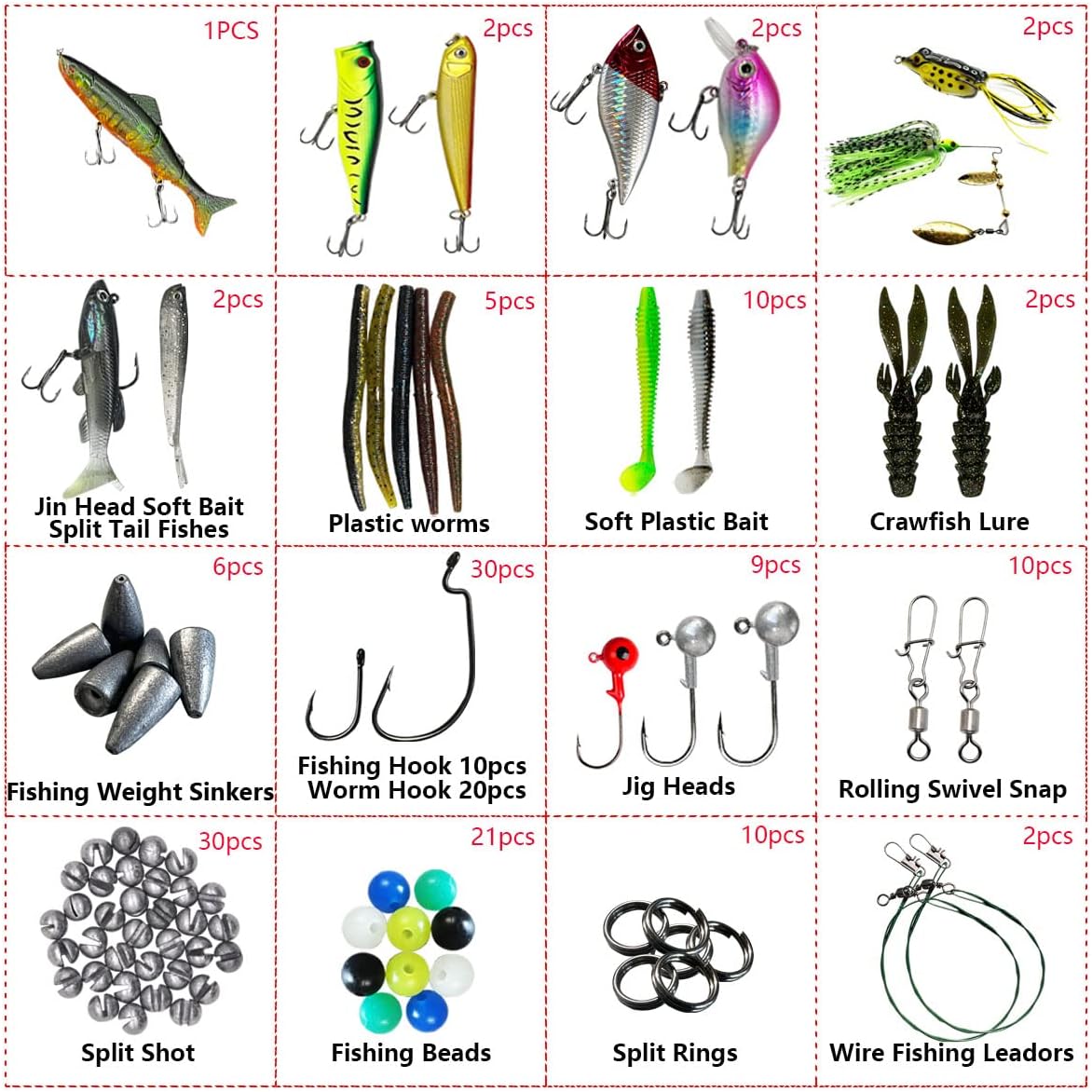Fishing Lures Kit Set, Baits Tackle Including Crankbaits, Topwater Lures, Spinnerbaits, Worms, Jigs, Hooks, Tackle Box and More Fishing Gear Lures for Bass Trout