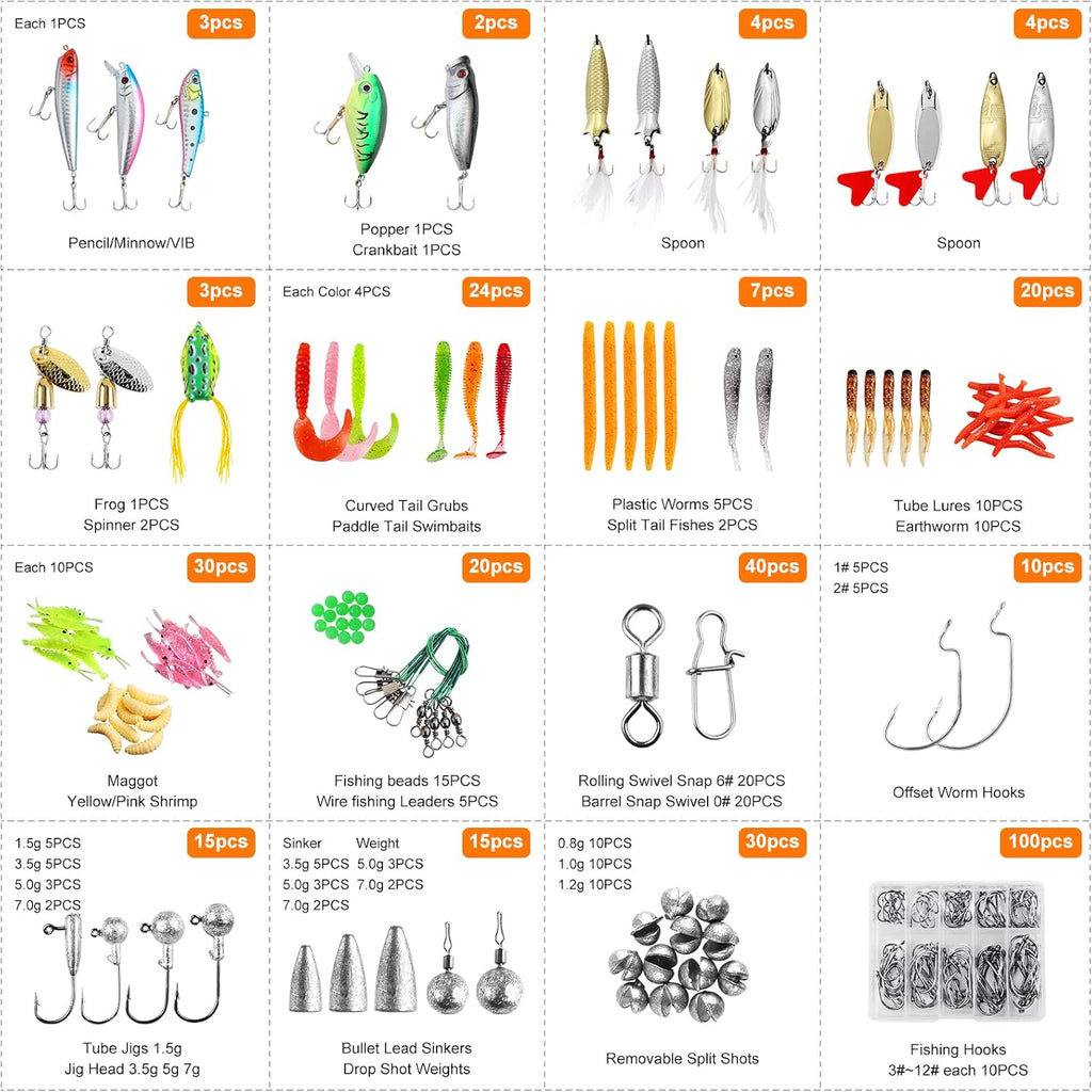 327PCS Fishing Lures Tackle Bait Kit Set, Tackle Box with Tackle Included, Crankbaits, Worms, Spinner, Weights, Hooks & Other Accessories for Freshwater Bass Trout Fishing Gear Gifts for Men