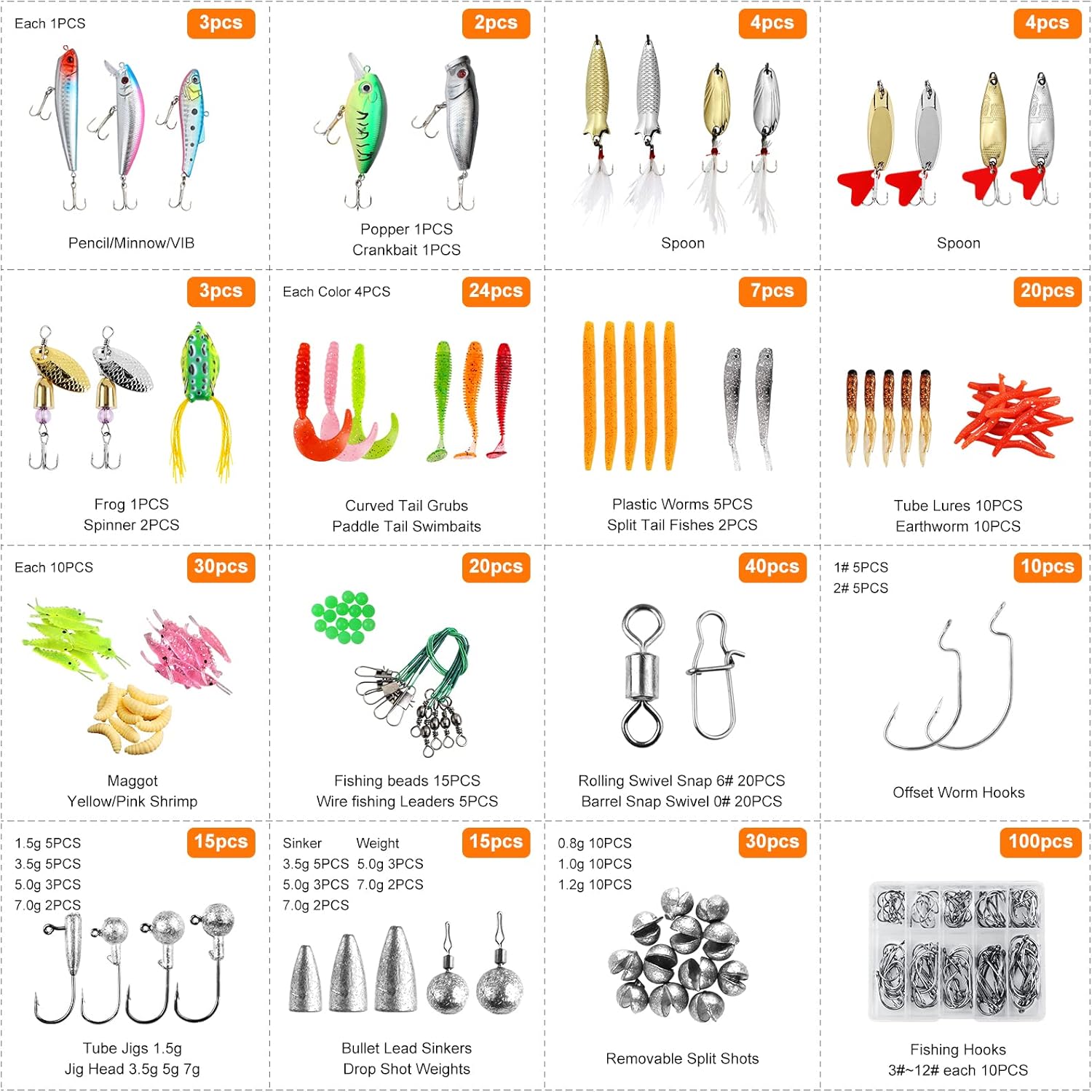 327PCS Fishing Lures Tackle Bait Kit Set, Tackle Box with Tackle Included, Crankbaits, Worms, Spinner, Weights, Hooks & Other Accessories for Freshwater Bass Trout Fishing Gear Gifts for Men
