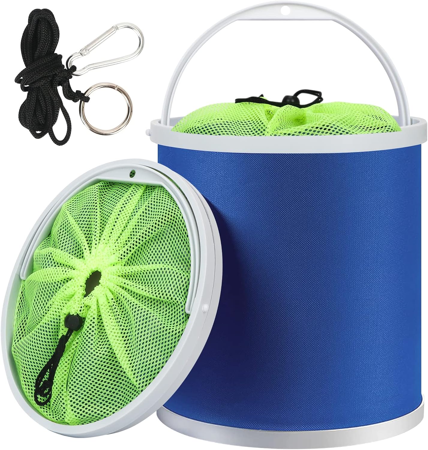 Collapsible Camping Fishing Bucket,11L (2.9 Gallons) Durable Pop Up Water Bucket with Net and Rope for Car Washing, Fishing,Boating or Other Outdoor Activities, Foldable Bucket,Blue