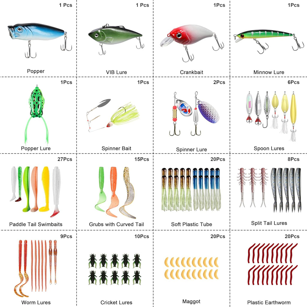 Widely Used Fishing Lures & Tackle Kit Worth Ever , Selected Fishing Kit for Starter Freshwater Saltwater, Economic/Giftable/Premium Fishing Gear Set Available, for Family