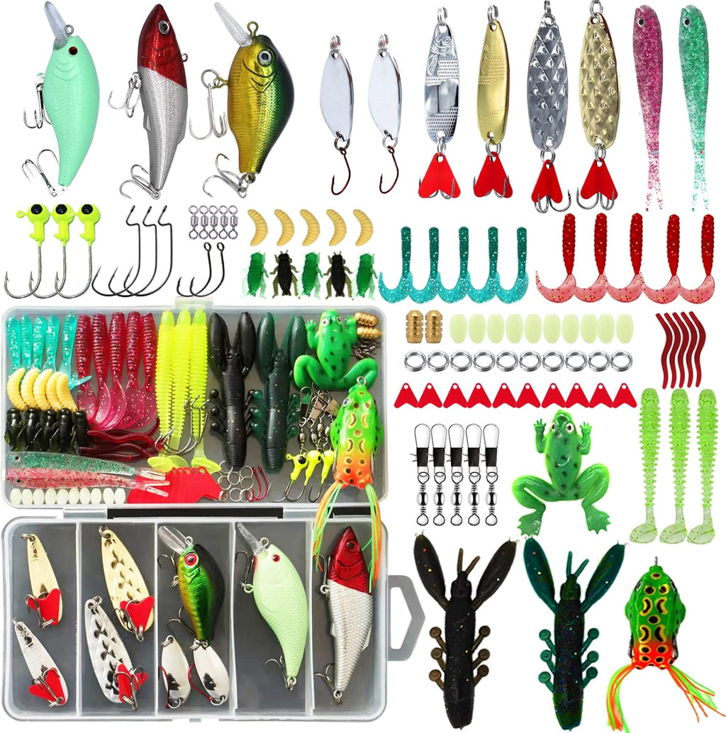 Fishing Lures Kit, Spoon Lures, Soft Plastic Worms, Frog Lures, Bait Tackle Kit for Bass, Trout, Salmon for Freshwater and Saltwater